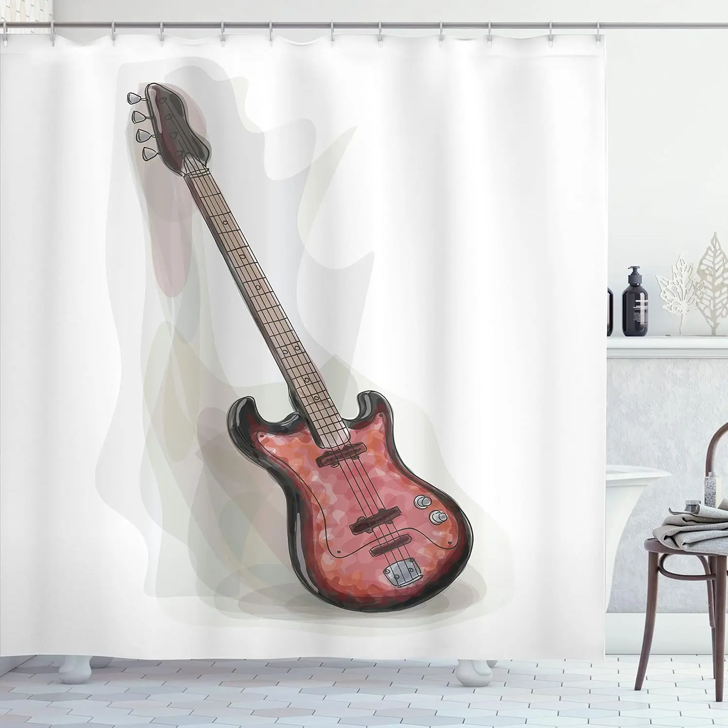 

Электрическая бас-гитара, занавеска для душа, музыкальный инструмент, искусство, красный дизайн, рок-тема, декор для ванны, водонепроницаемая ткань, аксессуары для дома