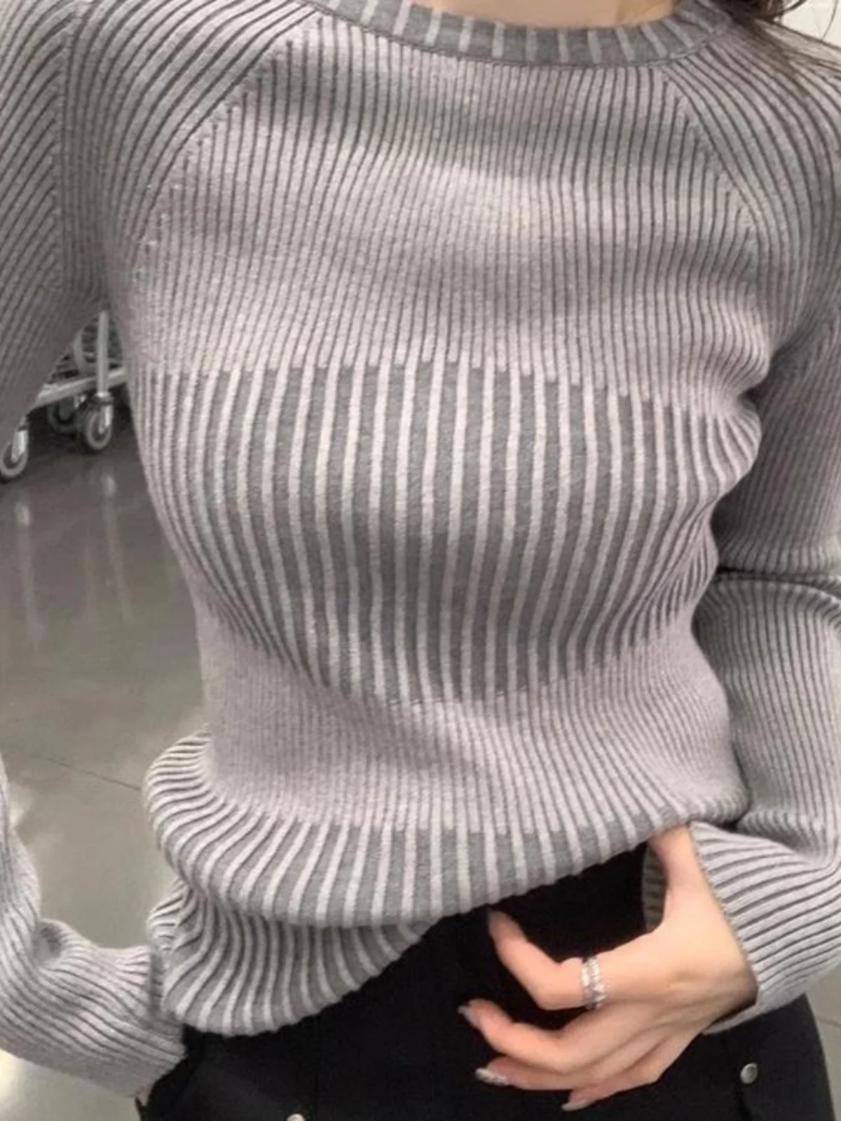 「MD」Design Sense  Elegant Base Gray Sweater Women Korean Sle Spring, Autumn and Winter Long sleeve Inner wear Gray Knit Top