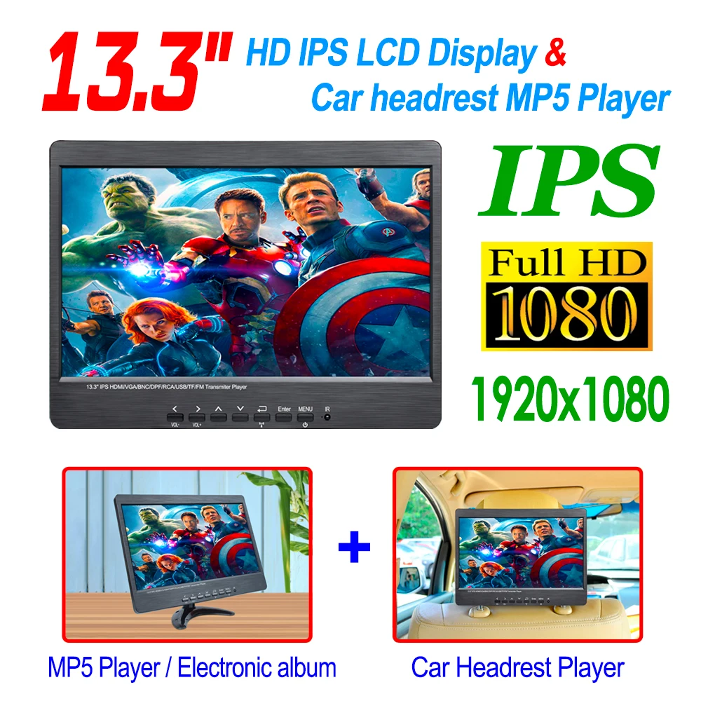 13.3 Inch IPS Display Car Headrest Monitor MP5 Video Player 2K Screen Electronic Album AV HDMI VGA  BNC Input  2*2W Speaker