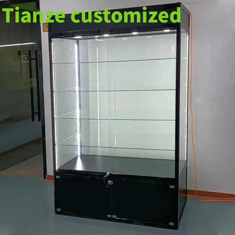 (Customized) retail and tempered glass smoke shop showcase with Light Adjustable aluminium pole glass showcase