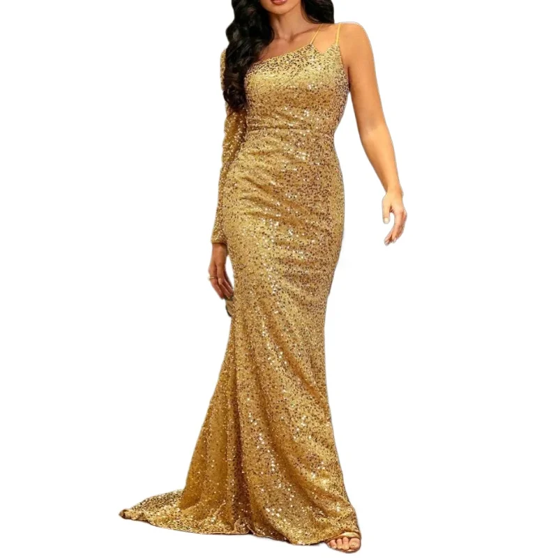 

2025 European and American New Fashion V-neck Bag Hip Glitter Mid Waist Off Shoulder Small Tail Long Evening Dress Sexy