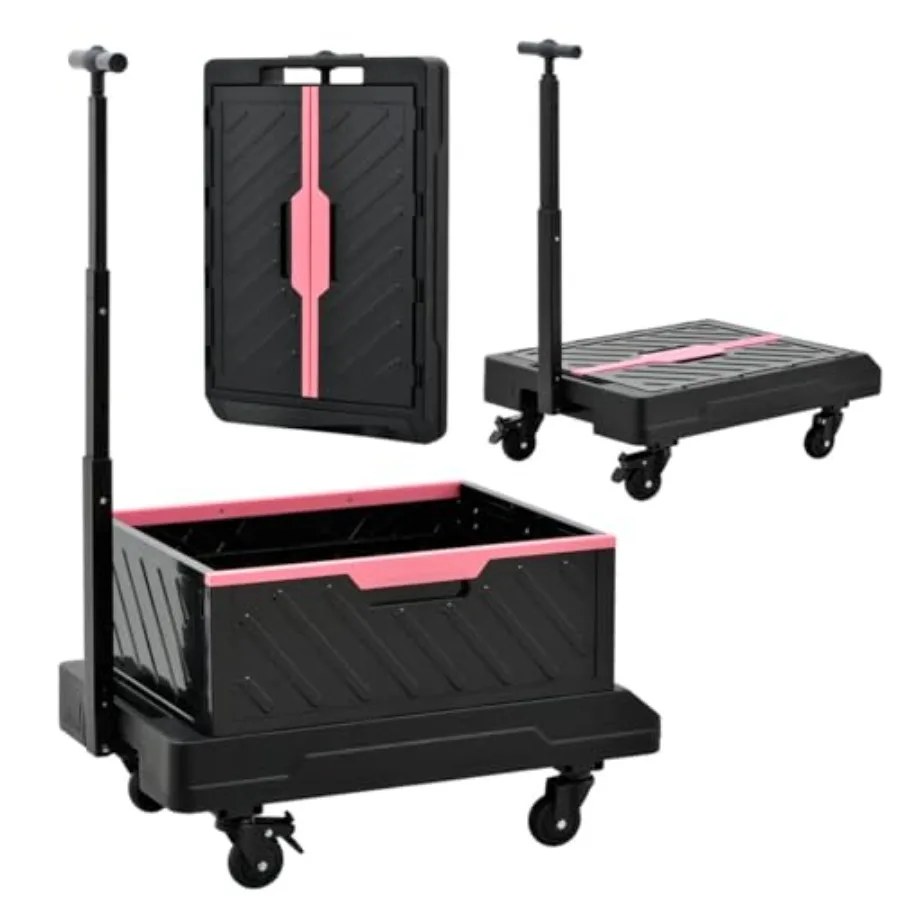 

Foldable Utility Cart with Wheels - Rolling Crate for Home Garden Travel - 132 lbs Capacity Flat Tablet Platform Adjustable Han
