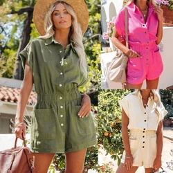 Utility Romper Shorts Button Down Rompers For Women Summer Short Sleeve Jumpsuit Cuffed Sleeve Jumpsuit Elastic Waist Dropship