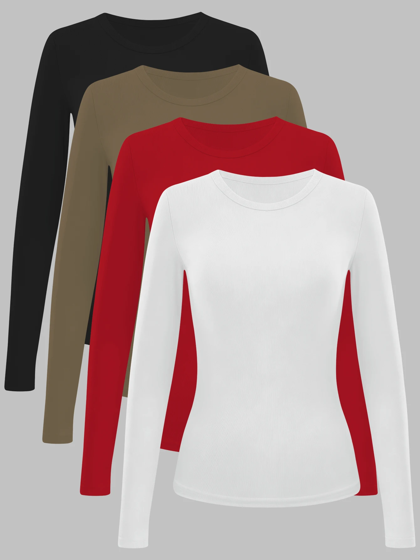 

Комплект из 4 предметов. Женская базовая осенне-зимняя однотонная облегающая футболка с круглым вырезом и длинными рукавами. Утягивающая трикотаж в рубчик для многослойного или ношения.