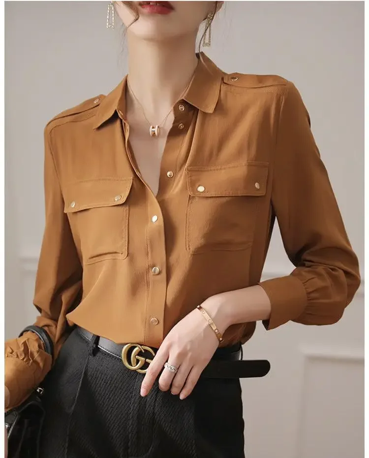 Summer Women's Shirt Double Pocket Long Sleeve POLO Collar Single Breasted Loose Solid Professional Commuter Retro Top A264