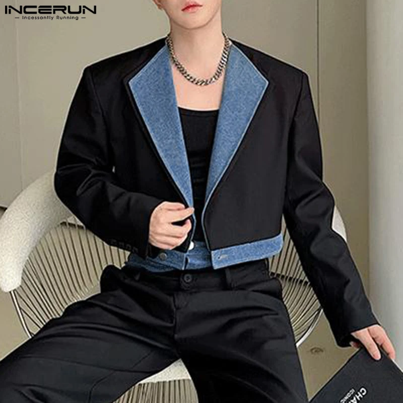 INCERUN 2024 Clothing Fashion New Men\'s Contrast Denim Splicing Short Suit Coats Casual All-match Male Loose Long Sleeved Blazer