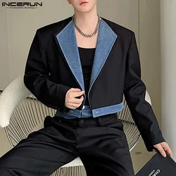 INCERUN 2024 Clothing Fashion New Men's Contrast Denim Splicing Short Suit Coats Casual All-match Male Loose Long Sleeved Blazer