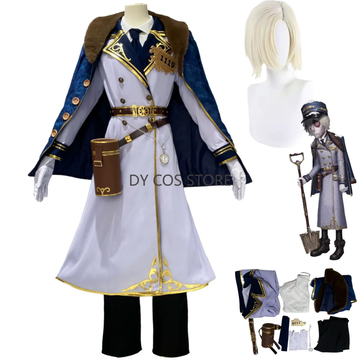 

Game Identity Ⅴ Andrew Kreiss Grave Keeper Conductor Cosplay Costume Cloak Shawl White Coat Wig Man Christmas Party Suit