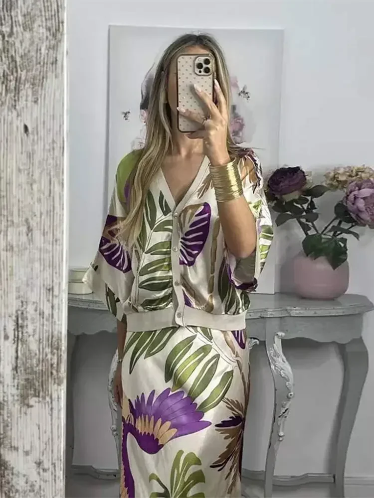 2024 Women Elegant Print Stain Skirt Sets Fashion Loose V Neck Half Sleeve Shirt Two Pieces Suits Summer Chic Office Lady Outfit