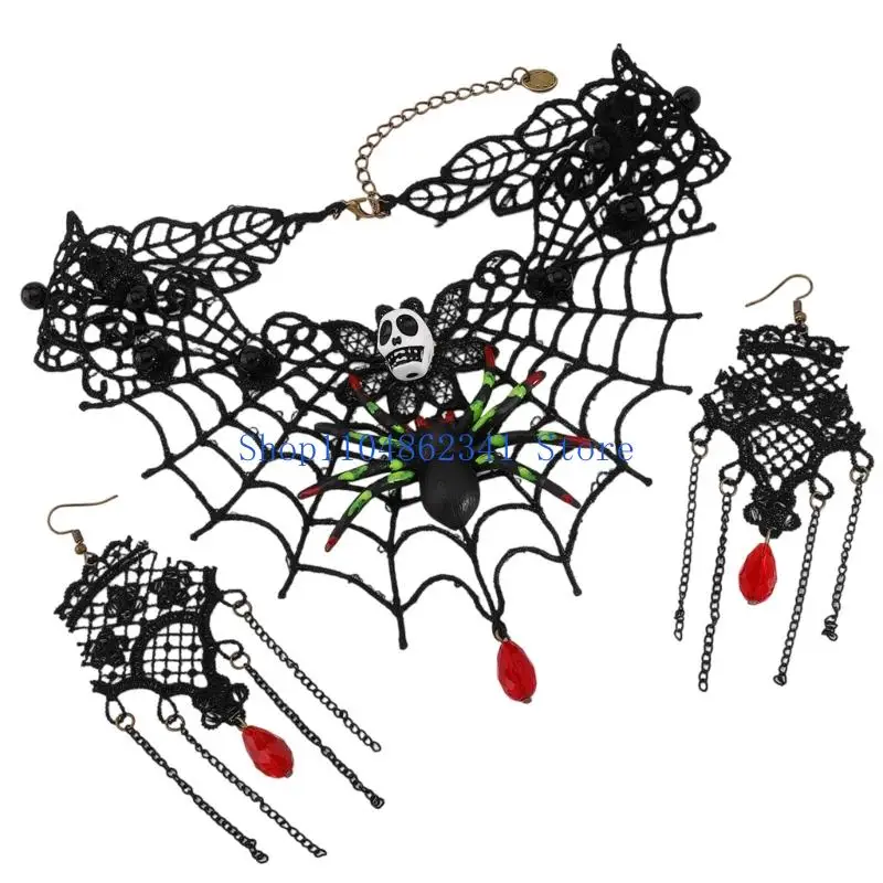 5asd 2pcs Gothic Lace Choker สร้อยคอ Rhinestones ต่างหูฮาโลวีนเครื่องแต่งกายอุปกรณ์เสริมเครื่องประดับสำหรับผู้หญิงของขวัญ