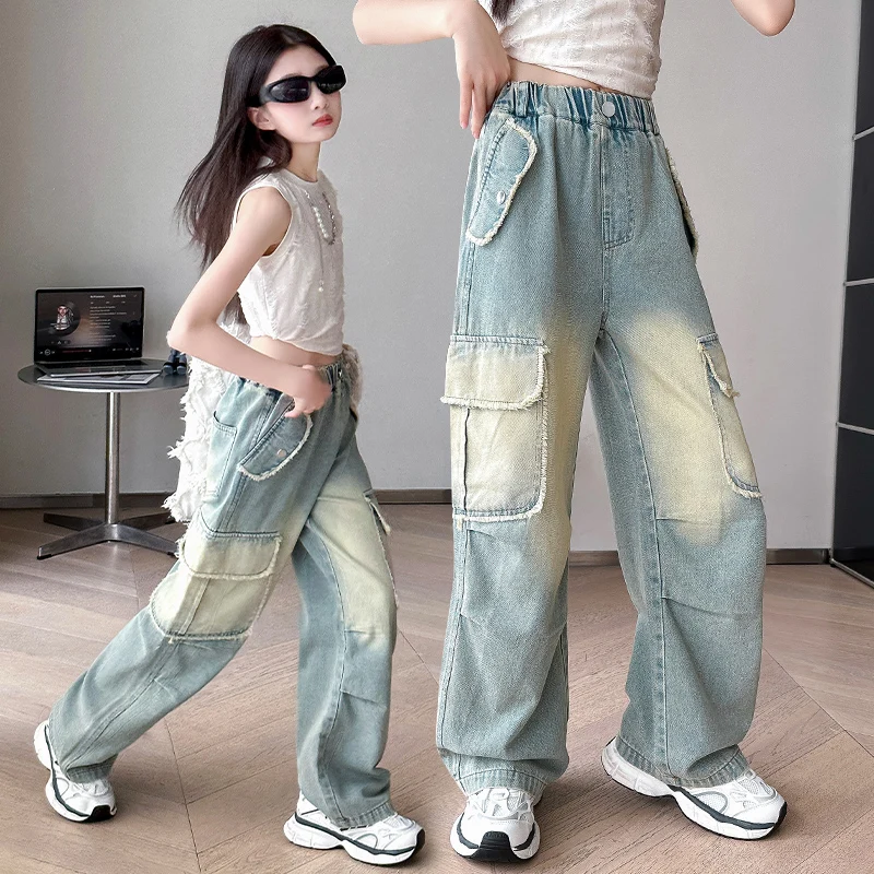 4-14 teen girls Jeans Summer Kids Cargo Pants Fashion casual versatile gradient Side Big Pocket Soft Thin denim wide leg pants