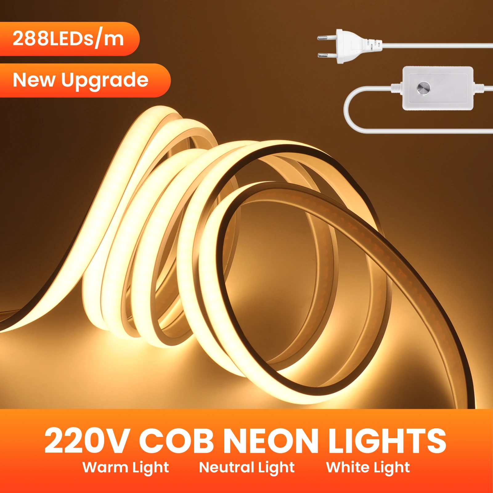 Dimmable COB LED Strip 220V 288LEDs High Density Linear Light with Switch Flexible COB Tape Ribbon Waterproof COB Lights Decor