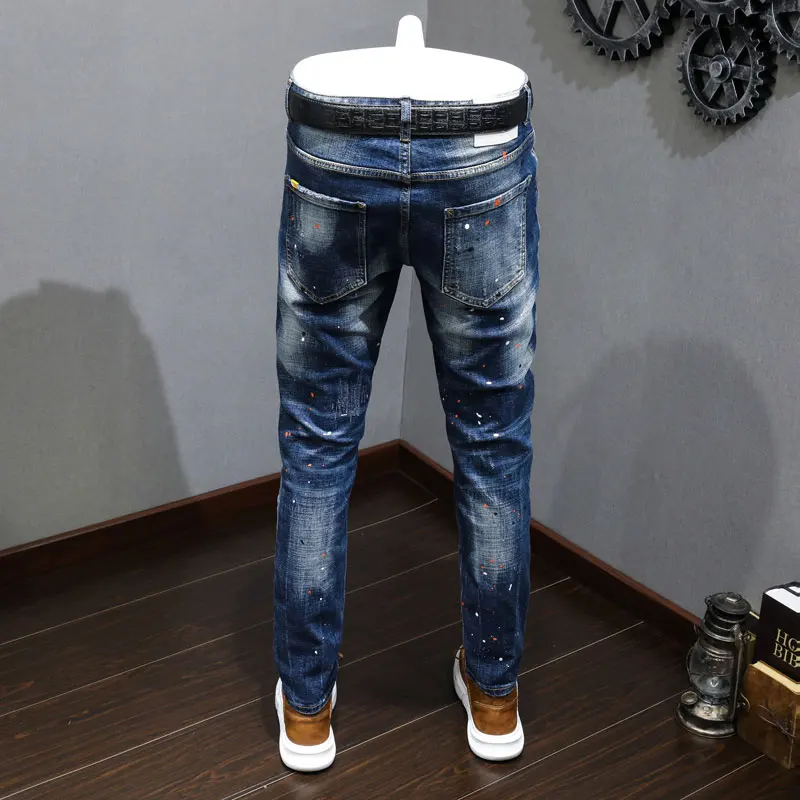 Fashion Vintage Men Jeans Retro Blue Elastic Slim Painted Ripped Jeans Men Embroidery Designer Hip Hop Denim Pencil Pants Hombre