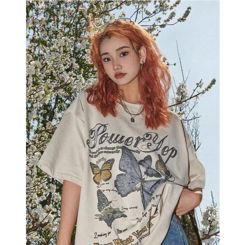 

2024 Summer New American Retro Butterfly Summer Short-sleeved T-shirt Women