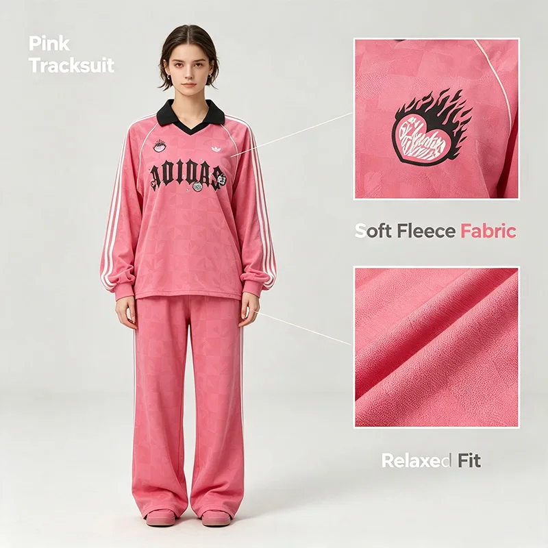 Adidas Authentic Trefoil Women's Valentine's DayPink Tracksuit Women 2-Piece Soft Fleece Casual Sport Set Hoodie Loungewear
