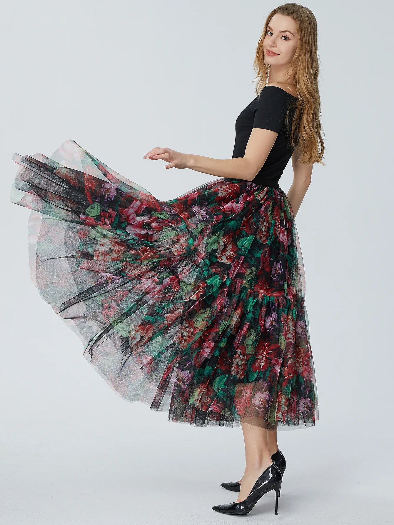 

Women's floral print ruffle mesh skirt irregular flowing A-line midi skirt suitable for travel, beach, shopping