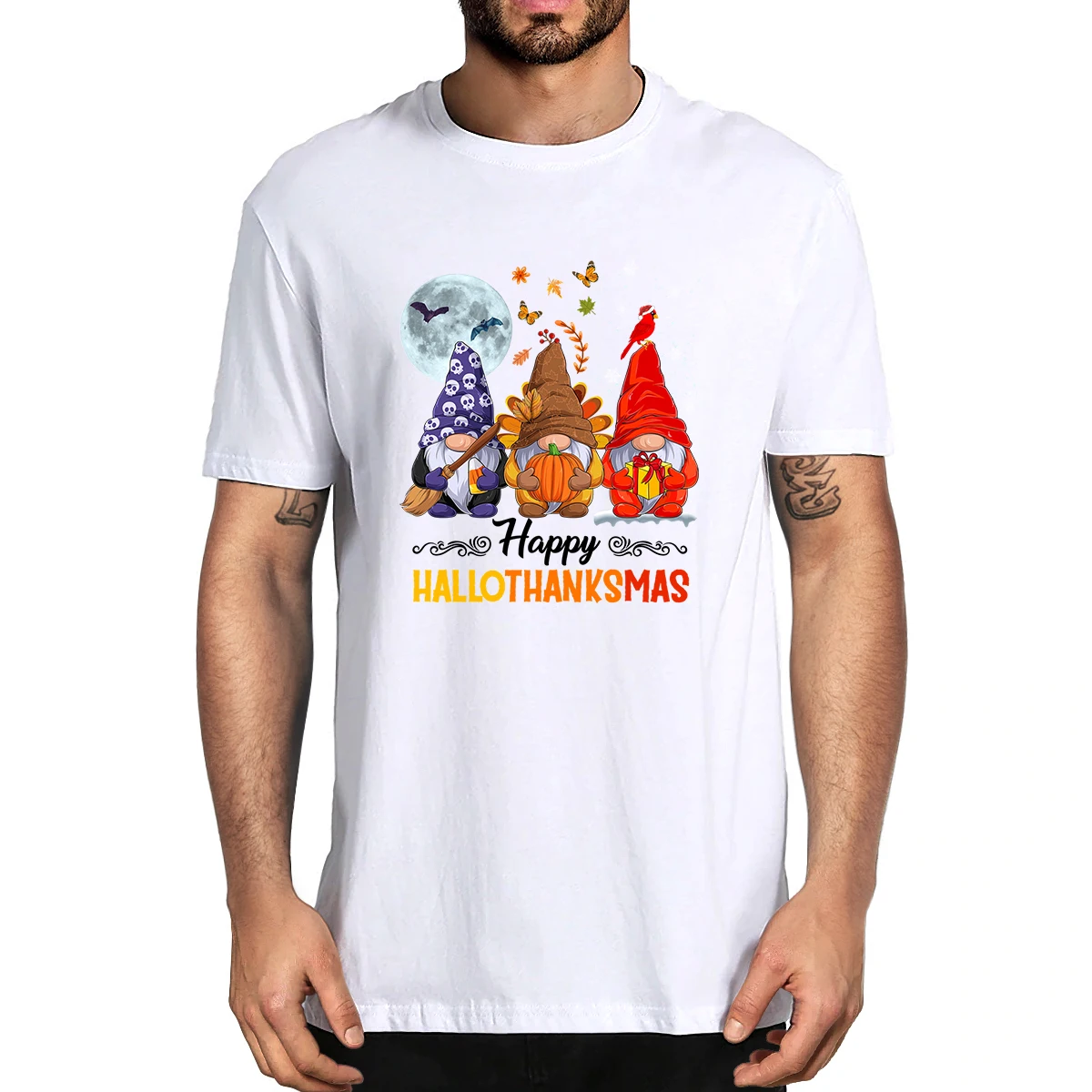 100% Cotton Halloween Thanksgiving Christmas Happy Hallo Thanks Mas Gnomes Men's Novelty T-Shirt Women Casual Streetwear Top Tee