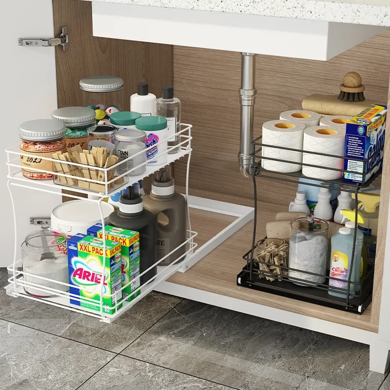 Kitchen lower sink pull-out double-layer rack, cabinet built-in layering, kitchen supplies storage rack