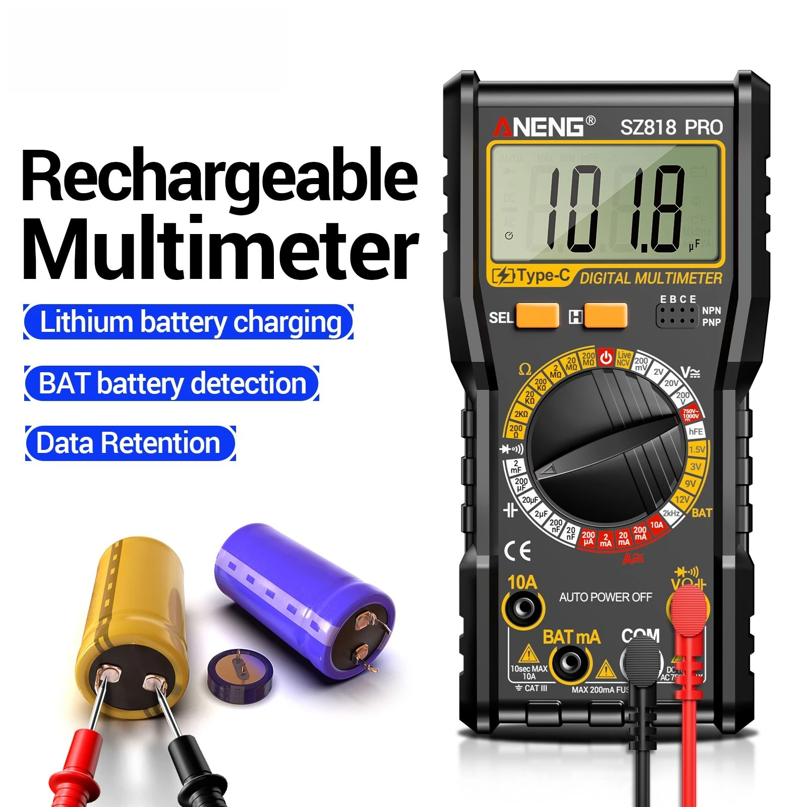 

ANENG SZ818 PRO Rechargeable Digital Multimeter AC/DC Voltage Ammeter Pnp Npn Resistance hFE Capacitor Electrical Tester Tools