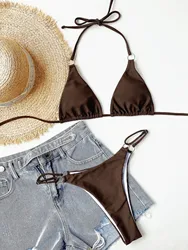 Women solid halter Bikinis Sets two pieces swimsuit Wine red and Brown Swimwear 2024 micro bikini Biquini conjunto de bikini