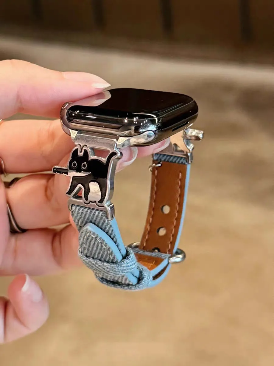 حزام جلدي نحيف من قماش الدنيم لساعة أبل 38/42 40/44 41/45 مللي متر 49Ultra Cat مع سوار سكين لساعة IWatch S10 42/46 مللي متر 9876SE