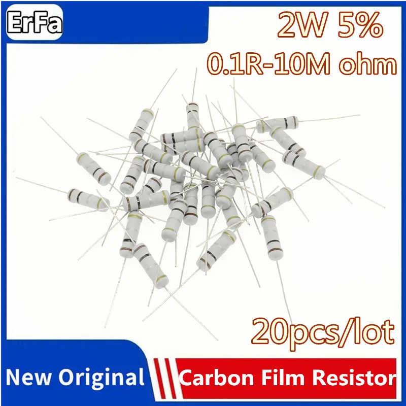 20pcs 2W Carbon Film Resistor 5% 0.1R ~ 10M 3.3R 4.7R 6.8R 47R 220R 330R 1K 2.2K 3.3K 6.8K 10K 22K 47K 100K 1M 100 220 330ohm