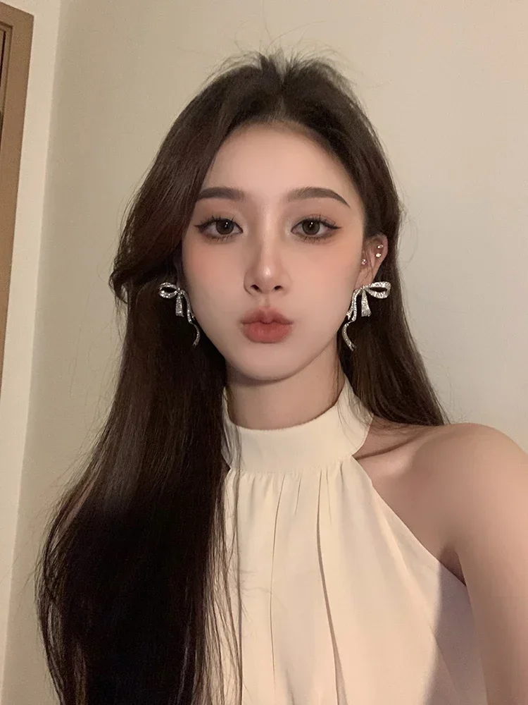 Earrings light luxury high-end streamer bow stud earrings niche design exaggerated earrings women's temperament jewelry