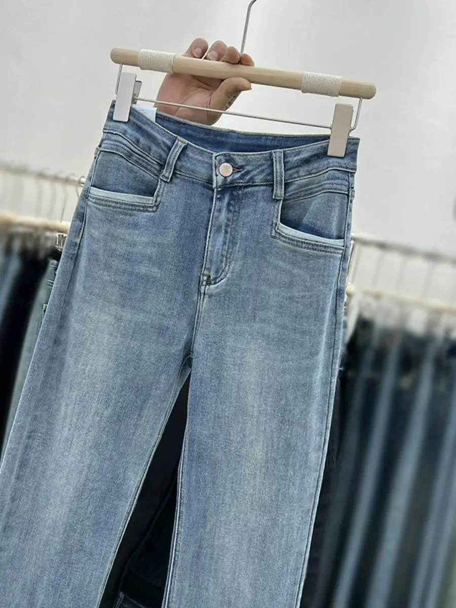 

High Waist Straight Leg Jeans Women's Color Blo Design Slim Fit Cuffed Elastic e Tube Pants Autumn Faion Ladies' Denim