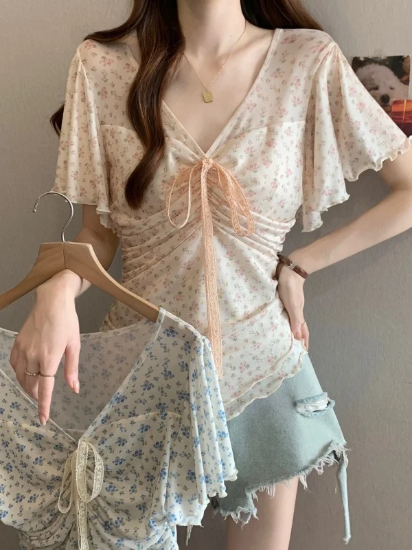 

Korean Style Floral Print Chiffon Shirt Women's plus Size Fashionable Lace Belted Top Breathable Short Sleeve V-Neck Daily Wear