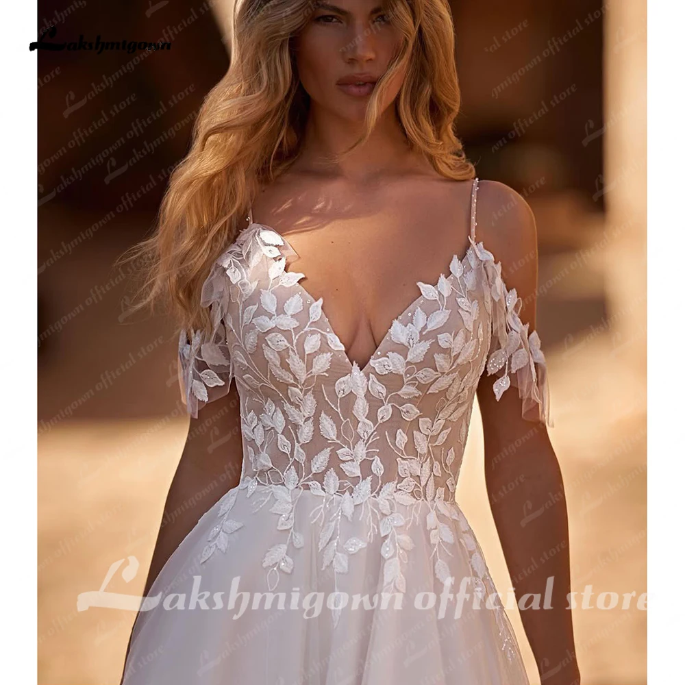 Lakshmigown Schickes Spitzen-Boho-Hochzeitskleid, sexy Spaghettiträger, Märchenhaftes Bohemian-Brautkleid, A-Linie, bodenlang, Tüll, maßgeschneidert – Detail 8