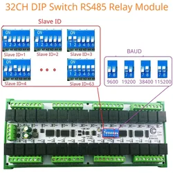 Facile da installare DIN Rail Box DC 12V 24V 20A 32CH Modbus RTU RS485 modulo relè dei parametri di configurazione DIP Switch