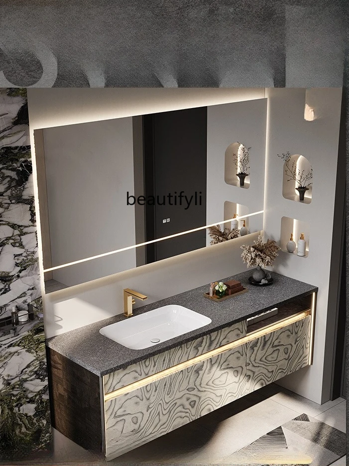 Light luxury solid wood bathroom cabinet combination whole body rock slab seamless ceramic basin washbasin