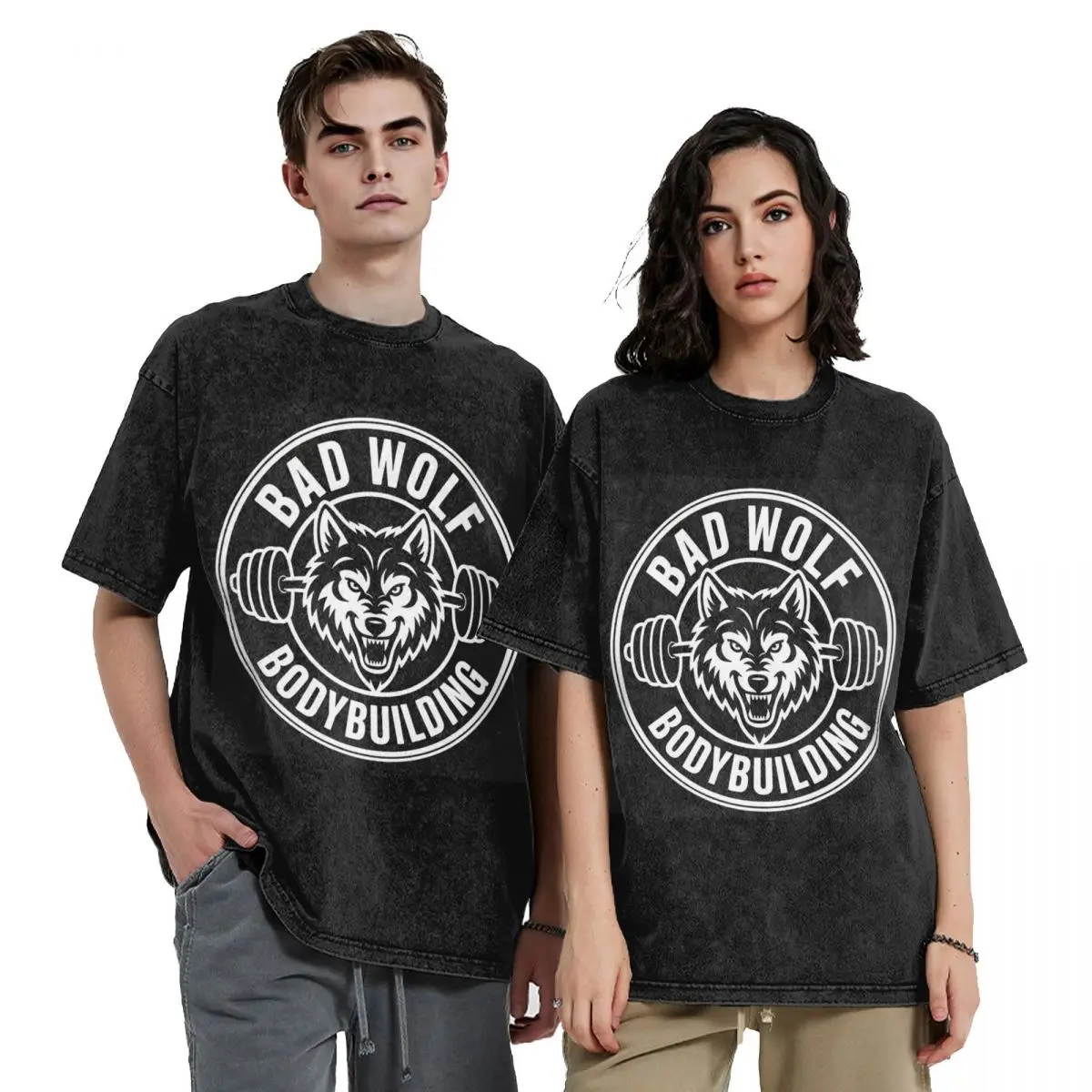 

Bad Wolf Round Hip Hop Short Sleeve T-Shirts Washed Tops Tees Streetwear T Shirt Vintage for Men Women