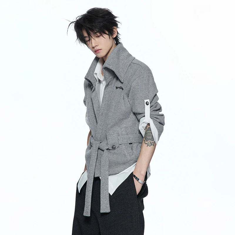 LUZHEN 2026 New Ribbon Patchwork Decorate Solid Color Stand Neck Coat Men's Fashion High Quality Original Casual Clothes JY9350