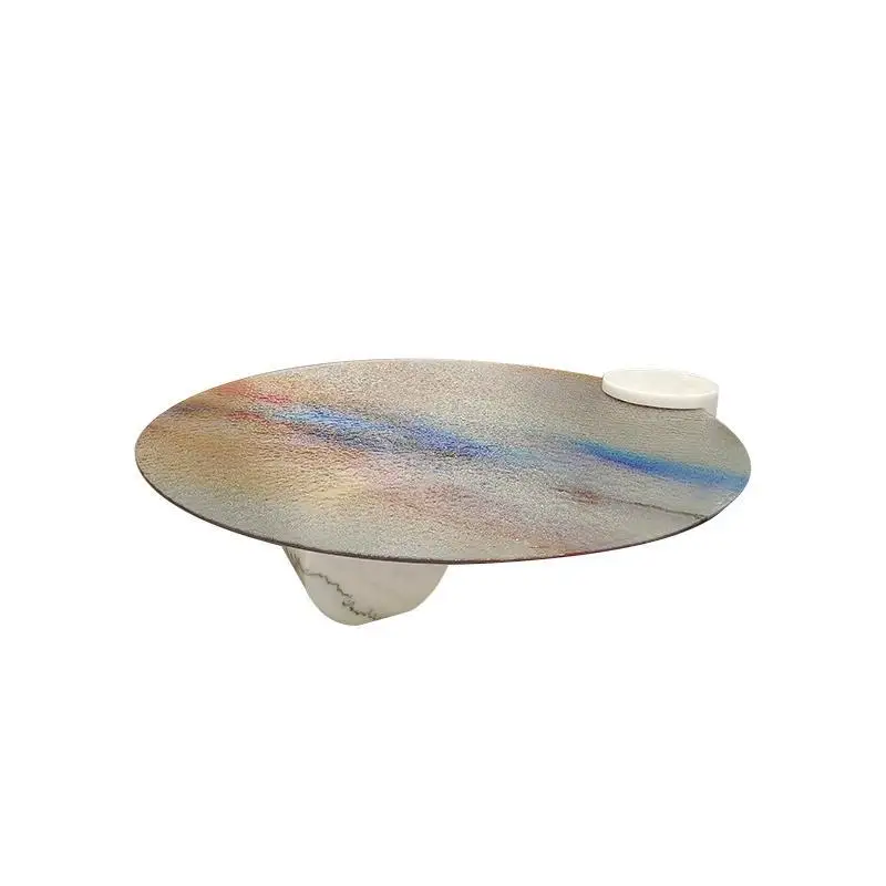 

B Italian Minimalist round Glass Coffee Table Marble Side Table Water Ripple Tea Table Office