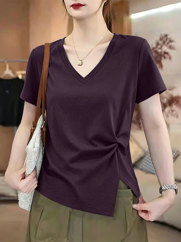 2026 New Women's Folded Uneven V-Neck Short Sleeve T-Shirt Summer Fashion Slimming Split Casual Cotton Top Korean Style