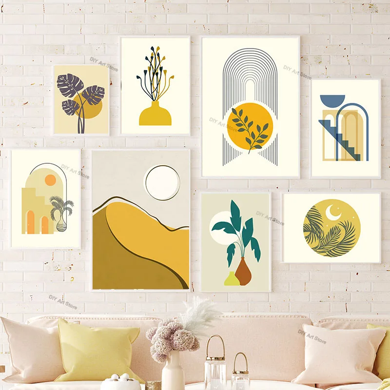 Boho Mountain Sun Rainbow Vase Leaf Wall Art Canvas Painting Abstract Landscape Posters & Prints Pictures For Living Room Dec