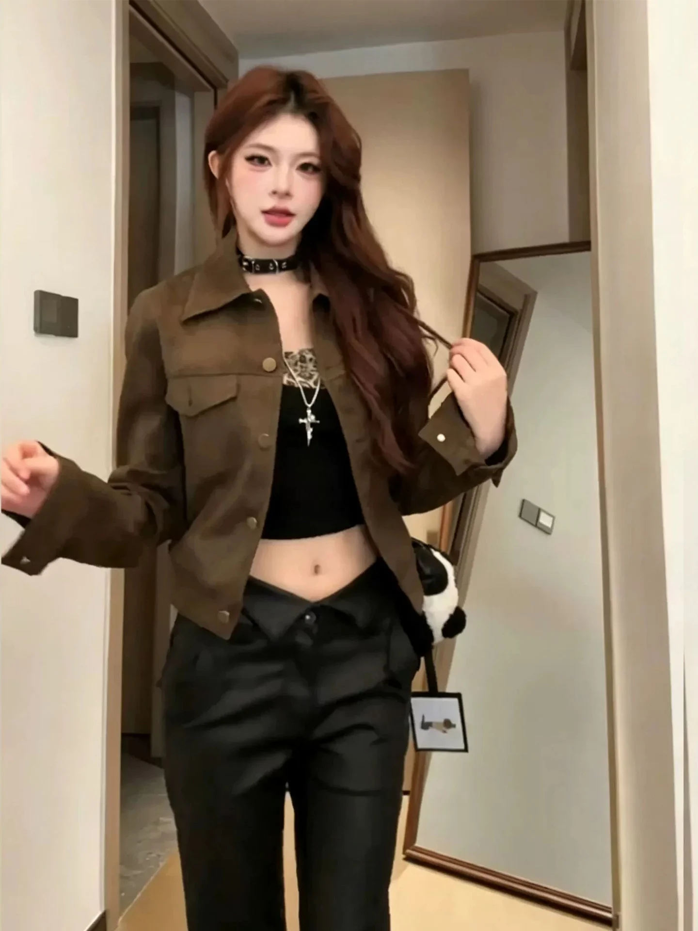 Women's Suede Jacket Coffee Color Lapel Loose Design Casual Style Long Sleeve Short Top Polyester Fiber Filling Straight Cut