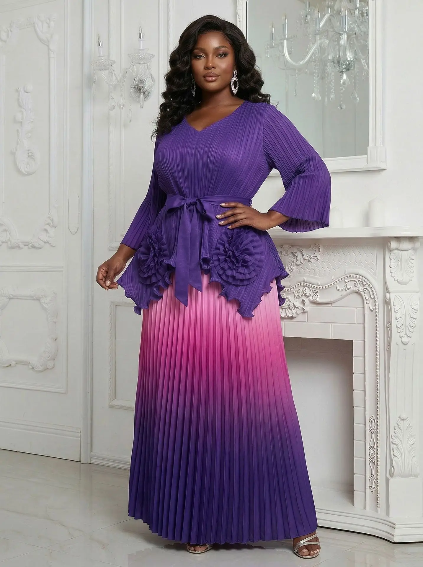 

2026 Miyake Pleated African Loose Suit Fashion Irregular Top Gradual Change Color Skirt Two-piece Sets Women's Clothing