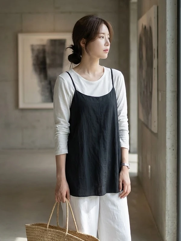 

Spring 2026 Women's Unique Beautiful Full Set Vest Strap Top Long Sleeve Overhead T-Shirt Set Breathable High Waist Pants