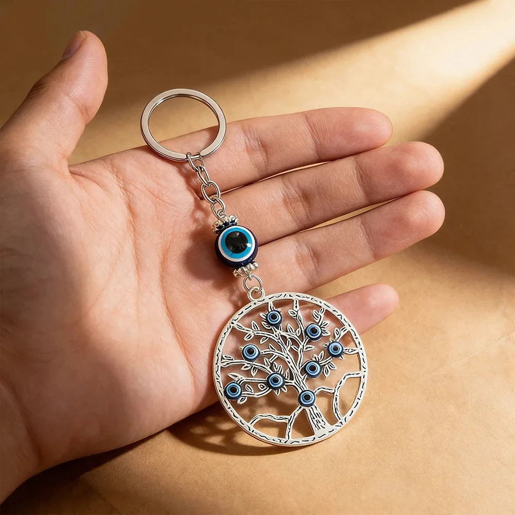 Metal Blue Eyes Key Chains Lucky Circular Openwork Tree of Life Rucksack Hanging Decorations Neutral Fashion Jewelry Pendants