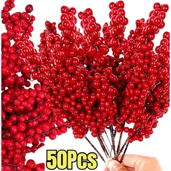 크리스마스 인공 레드 베리 가지 가짜 식물 꽃 홀리 베리 수술 화환 장식품, 크리스마스 트리 파티 홈 데코 