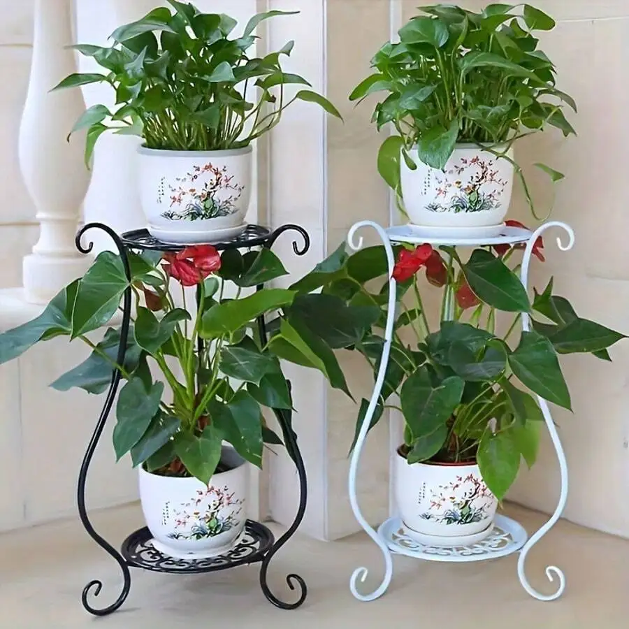Iron Metal Indoor Plant Stand, 2-Tier Decorative Flower Pot Holder, Modern Home Garden Display Shelf Bracket For Living Room, Ba
