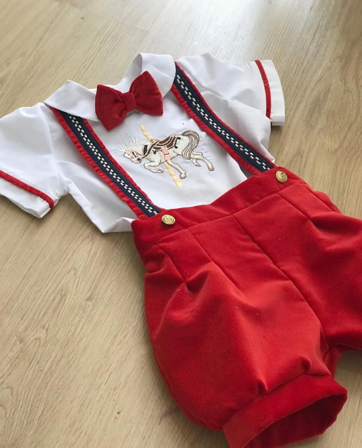 Baby Boy Set Autumn Winter Red Velvet Horse Embroidery Vintage for Eid Causal