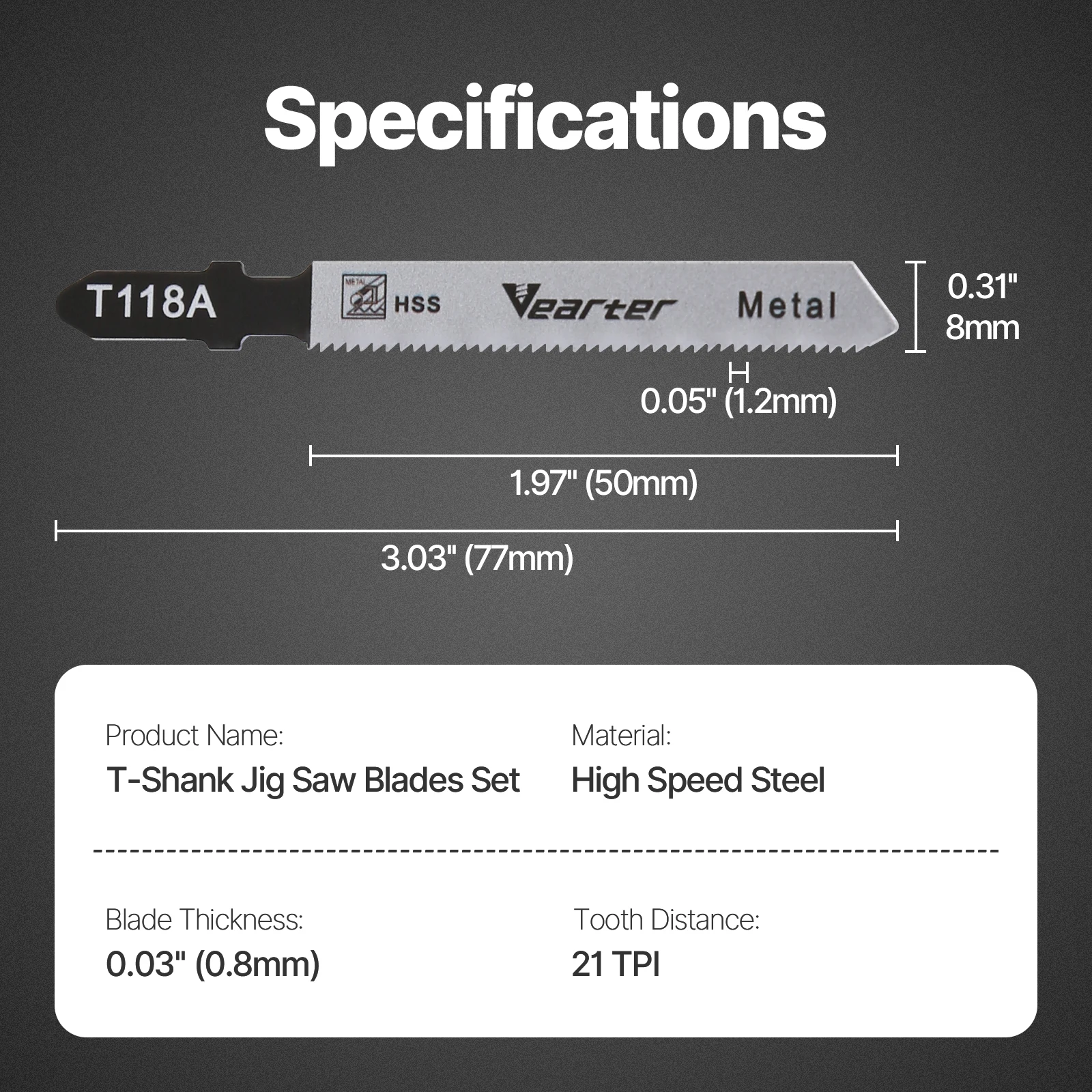 Vearter T118A 5 قطعة 3 بوصة (77 مللي متر) مجموعة شفرات المنشار 21TPI HSS T-عرقوب دقيقة للألمنيوم والمعادن الرقيقة وأدوات قطع النحاس