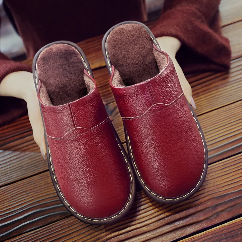 Marca casa chinelos de couro masculino e feminino artesanal ponto chinelos de pele interior conciso casais slides de pelúcia antiderrapante quarto