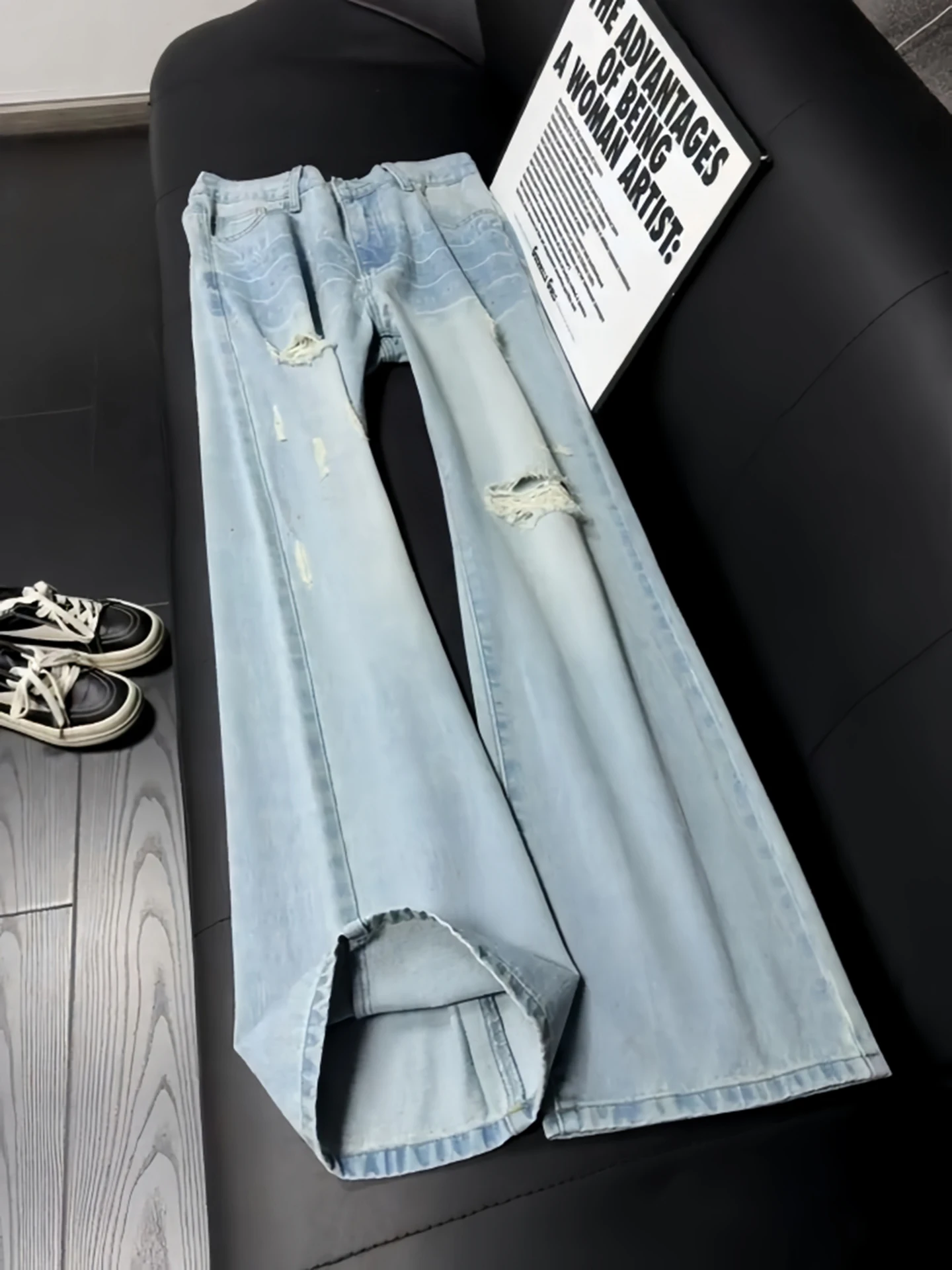 Cleanfit Light Blue Men's Jeans Destroyed Straight Leg American High Street Vibe Knife  Trousers Wear Resistant Casual Jeans