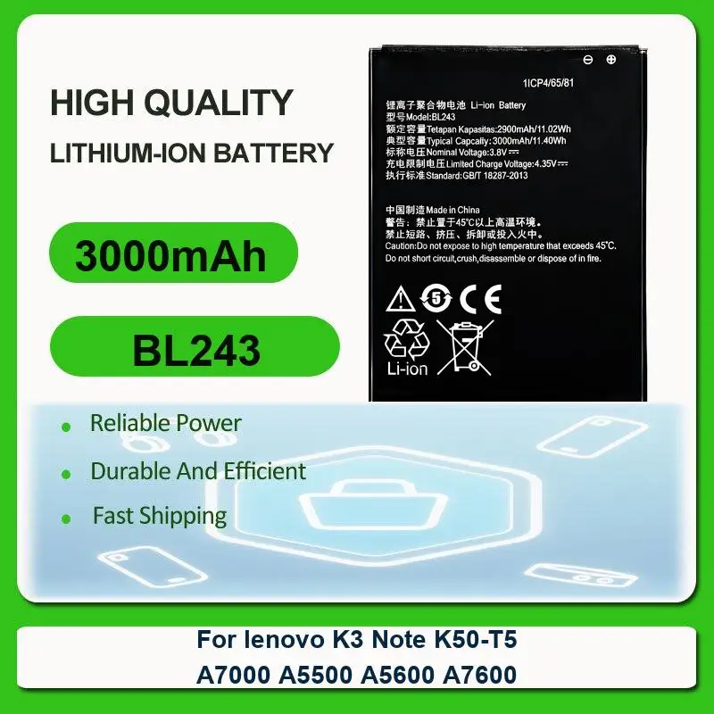 Сменный аккумулятор для мобильного телефона Lenovo K3 Note K50-T5 A7000 A5500 A5600 A7600 BL243 3000 мАч