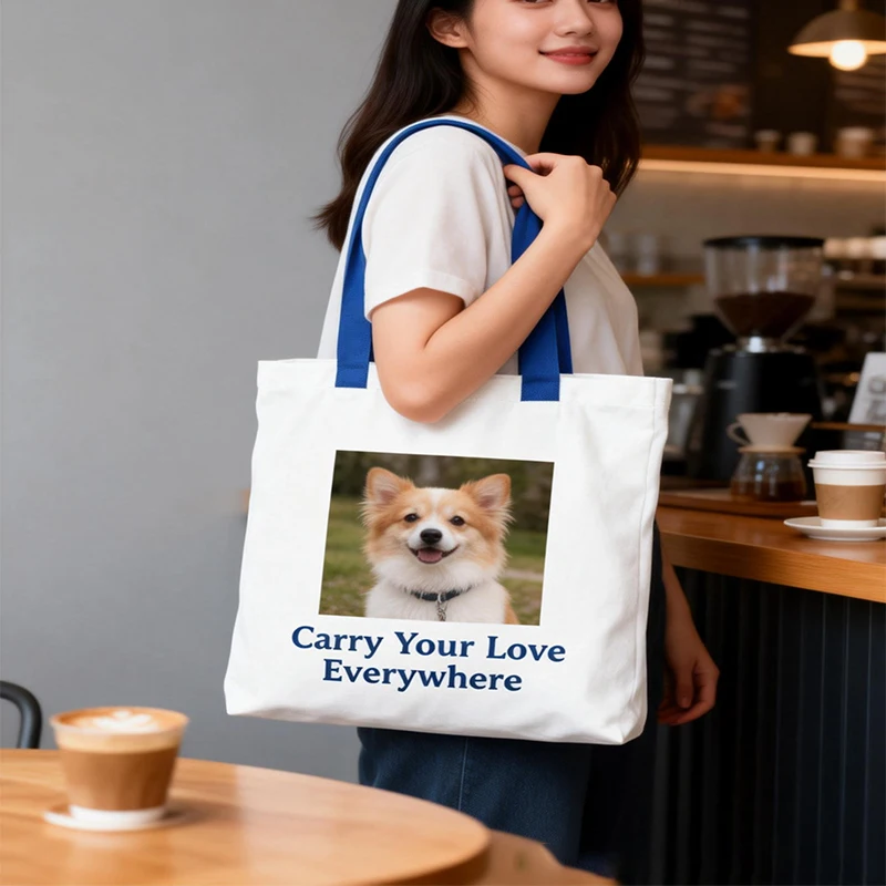 

Сумка-шоппер с индивидуальным фото питомца на холсте, персонализированный принт с изображением собаки или кошки, многоразовая сумка для любителей животных