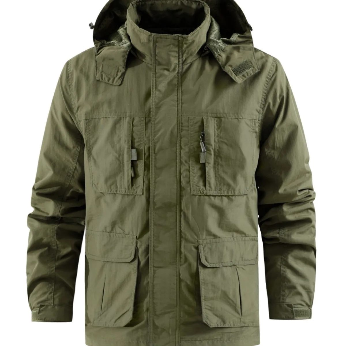 Primavera e outono jaqueta masculina casual gola alta solta jaqueta multi-bolso de meia-idade chapéu removível jaqueta ao ar livre